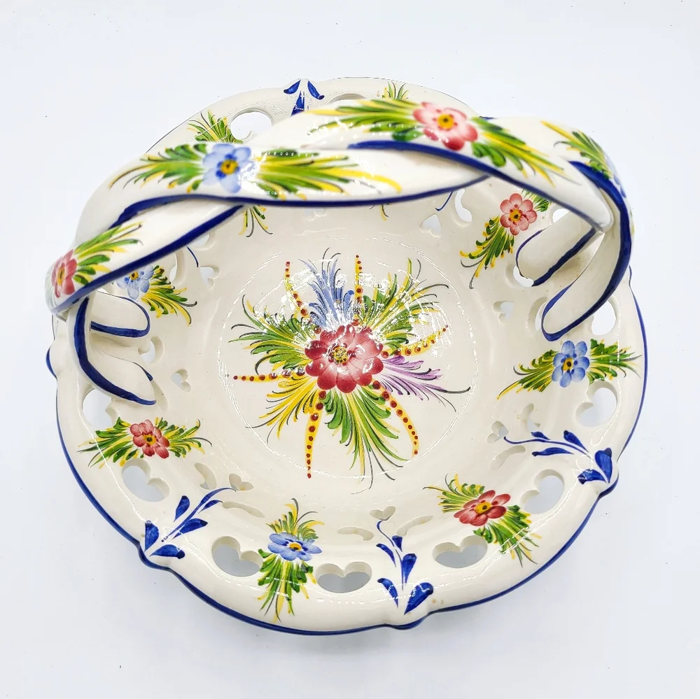 Antique Portugal Vibrant Cobalt Blue White Floral Ceramic Hand Painted Basket - Picture 2 of 7
